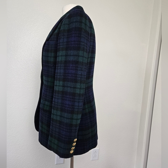 Vintage Ralph Lauren Tartan Plaid Wool Cashmere Check Blazer Green Navy Size 8P - Picture 6 of 15